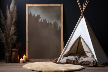 Cozy white wigwam tent with fluffy carpet, black wall, forest painting, candles, dried flowers