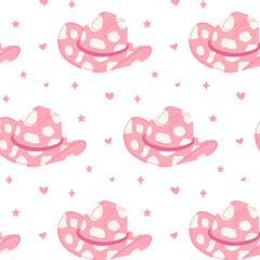 Pattern with hand drawn female cowboy hats. Pink cowgirl hats flat vector illustration. Collection of retro elements. Cowboy Western and Wild West theme. For design, poster, greeting card, pack paper