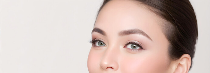 Fototapeta premium Glamour close up photo of a beauty model wearing make-up. Young woman with healthy perfect skin isolated on studio background. skincare, spa and cosmetics
