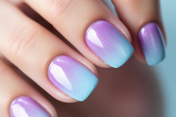 Woman's fingernails with pastel blue and purple ombre colored nail polish design.