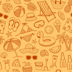 Summer seamless pattern with beach, vacation and tropical nature doodle elements
