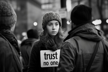 Young woman with distrustful sign with 'trust no one' text, crowd in background, black and white