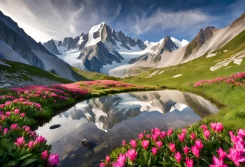 Poster The sharp Alpine peaks of Mont Blanc with snow and glaciers soar above the spring meadows, where rhododendrons bloom - delicate fragrant spring flowers     © Zoya