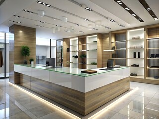 A modern style shop with wide reception counters and transparent interior elements generative ai