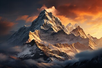 Snowcovered mountain in clouds at sunset, a stunning natural landscape