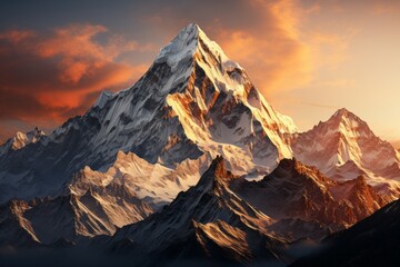 Snowcovered mountain at sunset with cloudy sky in the background - obrazy, fototapety, plakaty