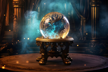 a crystal ball is sitting on a table with smoke coming out of it - obrazy, fototapety, plakaty