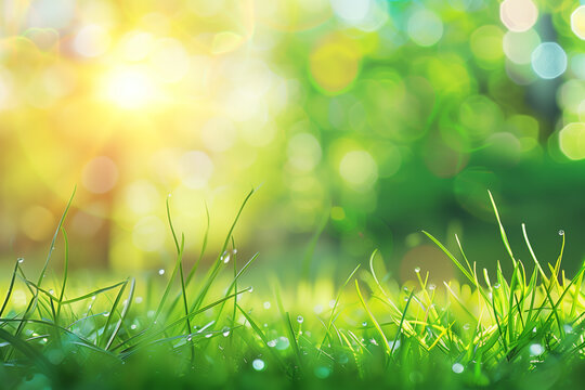 abstract spring background with fresh grass on sunrise or sunset. copy space. High quality photo