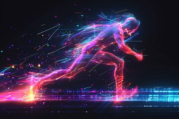 Fototapeta na wymiar Silhouette of a runner in motion made of glowing neon rays on a dark background