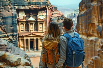 Happy Couple Exploring Ancient City in Petra, Jordan