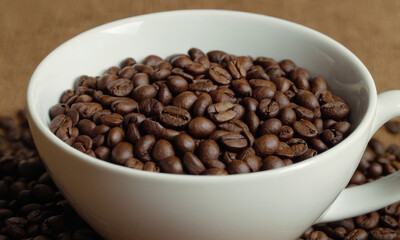 Fototapeta premium A coffee cup full of roasted coffee beans. Grains scattered around the cup. Close up.