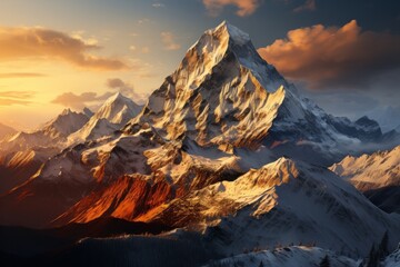 A snowcovered mountain with a sunset backdrop in the natural landscape