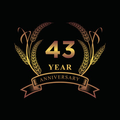 43th golden anniversary logo with ring and ribbon, laurel wreath vector