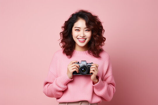 Happy smiling young attractive Asian curly brunette woman in a pink sweater holding a film camera in her hands on a light pink background