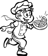 Cheerful Pizza Delivery Boy Cartoon Character Line Art for Food Service and Children's Illustration