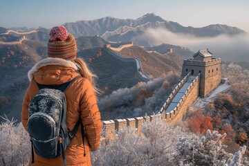 Woman With Backpack Observing Great Wall of China - obrazy, fototapety, plakaty