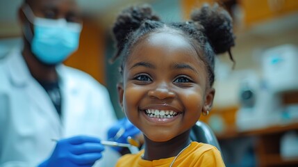 Young girl with a radiant smile in a dental office, a dentist with mask stands ready in the background - obrazy, fototapety, plakaty