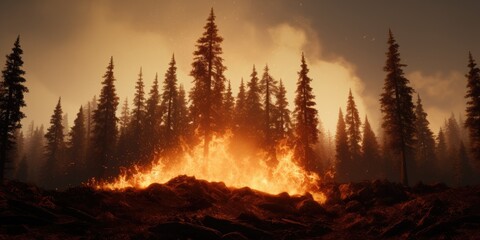 A blaze rages through the mountain forests, with dry grass and trees ablaze in the forefront. - obrazy, fototapety, plakaty