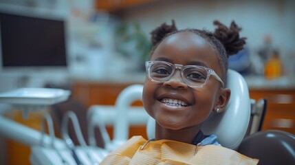 A joyful young girl with glasses sits in a dental chair with a happy expression, promoting dental health and care