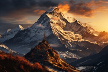 Sun setting behind snowy mountain with clouds in the sky