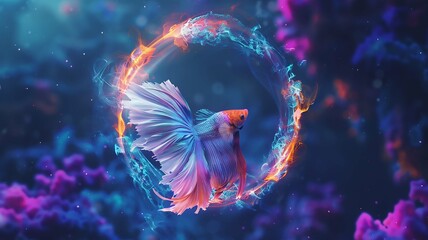 Multi color Siamese fighting fish(halfmoon),dragon fighting fish,Betta splendens, with neon lighting circle. - obrazy, fototapety, plakaty