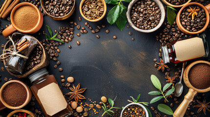 A top view of a variety of coffee beans and spices arranged around an empty dark rustic background