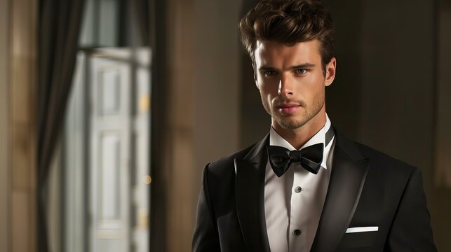 elegant model wearing tuxedo and bow tie, business look 