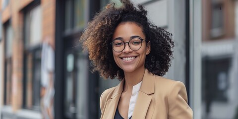smiling young businesswoman, confident entrepreneur standing on the street