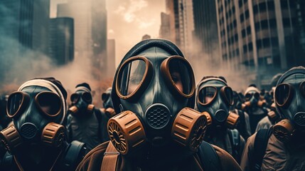 Big cities covered in toxic fumes People wearing masks Depicts the problem of air pollution - obrazy, fototapety, plakaty