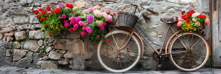 Fototapeta na wymiar A vintage bicycle adorned with baskets of blooming flowers, leaning against a weathered stone wall in a quaint European village.