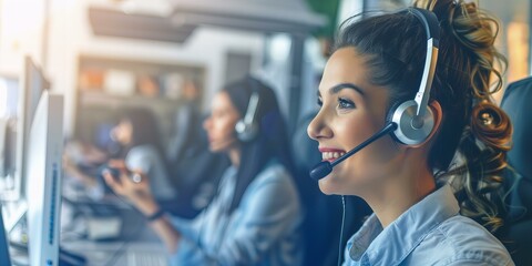 Smiling,  call center and telemarketing female worker. Woman wearing headset talking to customers - obrazy, fototapety, plakaty