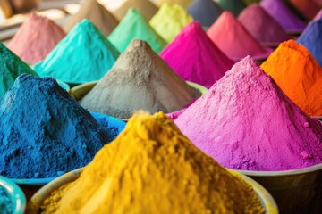 Colored powders at market in India. Colorful piles of powdered dyes used for Holi festival. Vibrant pattern background - obrazy, fototapety, plakaty