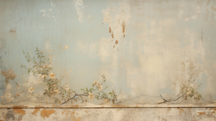 Vintage floral background with decaying wall texture and creeping plants