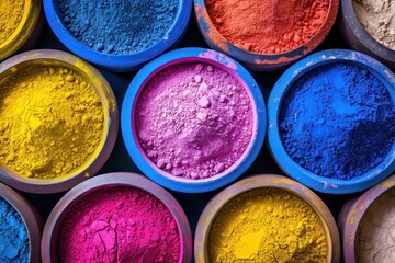 Colored powders at market in India. Colorful piles of powdered dyes used for Holi festival. Vibrant pattern background - obrazy, fototapety, plakaty