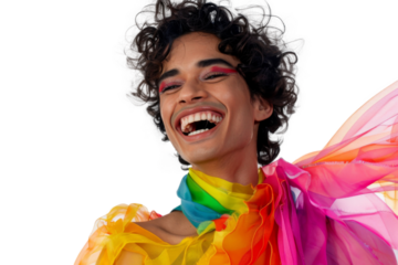 Portrait shot of Young joyful Gay man with colorful lgbt dress isolated on transparent background, Gay transgender smile and posing with trendy lifestyle.