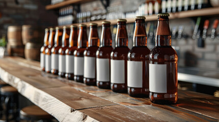 A neat line of closed, unlabeled beer bottles on a bar top with a blurry background of a bar shelf