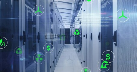 Animation of processing data, green ecology and energy icons over computer server room - Powered by Adobe