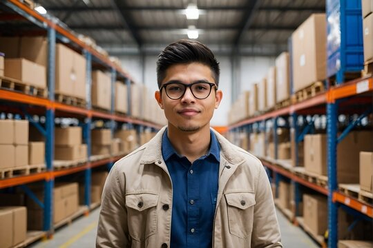 Confident warehouse worker standing in large warehouse, supply chain, logistic network technology concept