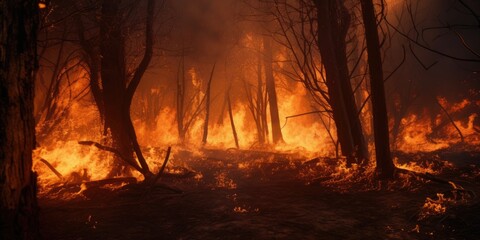 Mountains engulfed in flames as forest fires spread, with dry grass and trees igniting in the foreground