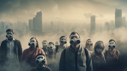 Big cities covered in toxic fumes People wearing masks Depicts the problem of air pollution - obrazy, fototapety, plakaty