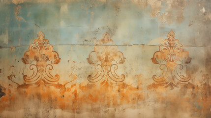 Vintage background with ornate designs on an aged, weathered wall