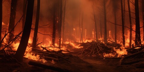 In the mountains, a wildfire consumes the forest, with dry grass and trees alight in the immediate view - obrazy, fototapety, plakaty