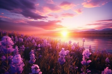 Beautiful scenic landscape of sunrise over a field of blooming purple flowers on the river bank