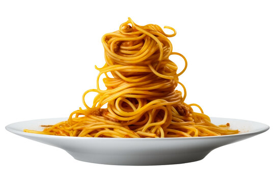 spaghetti bolognese pasta PNG with seasoning falling on a white plate isolated on a white And transparent background - italian Food Restaurant Advertising