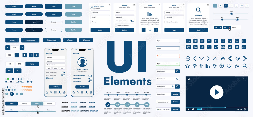 Poster a set of modern web interface elements designed for the development and design of websites and mobil