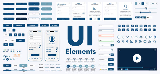 A set of modern web interface elements designed for the development and design of websites and mobile applications. Includes buttons, icons, menus, navigation elements and other components.