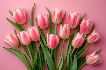 Pink tulips on pink background, copy space, spring, easter, mothers day , womens day background. High quality photo