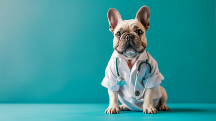 Full body photo of smiling French Bulldog wearing a lab coat with stethoscope sitting on the Turquoise color background, realistic