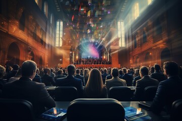 Unrecognizable people sit in a large hall and listen to speakers performance at a business symposium