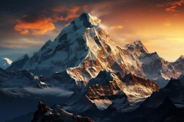 Photo sur Plexiglas Himalaya Sunset illuminating snowy mountain peak through clouds in natural landscape